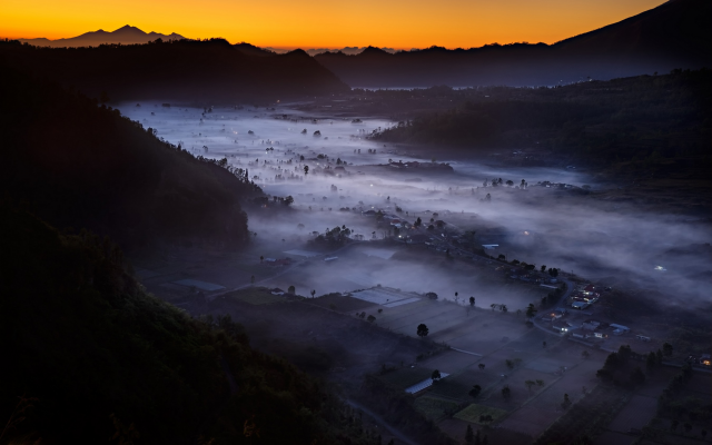 2700x1688 pix. Wallpaper nature, landscape, valley, mist, sunrise, mountain, villages, field