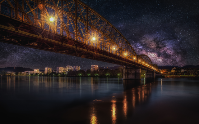 4873x3253 pix. Wallpaper starry sky, bridge, railway, night, hdr, city, nature, milky way
