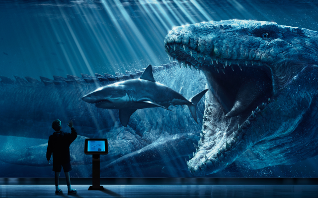 8261x2835 pix. Wallpaper digital art, jurassic world, shark, dinosaur, animals, movies
