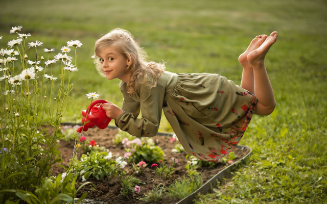 2048x1366 pix. Wallpaper child, girl, smiling, dress, levitation, nature, summer, flowerbed, flowers, chamomile, watering can