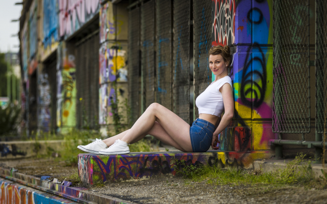 2048x1366 pix. Wallpaper women, model, crop top, jeans shorts, sitting, converse, graffiti, legs