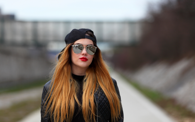 2048x1365 pix. Wallpaper women, model, outdoors, baseball cap, sunglasses, jacket, red lipstick