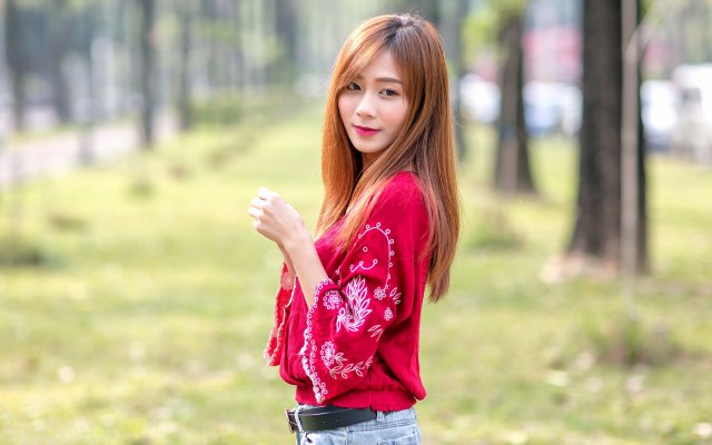 2048x1365 pix. Wallpaper asian, long hair, redhead, jeans, women