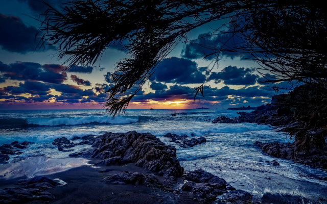 5129x3420 pix. Wallpaper corsica, sunset, dusk, sea, waves, sand, beach, nature