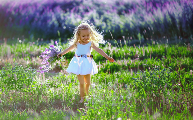 2048x1389 pix. Wallpaper baby, girl, joy, dress, nature, summer, field, grass, bouquet, lavender