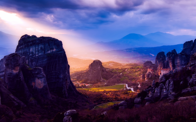 2000x1333 pix. Wallpaper greece, nature, landscape, mountains, meteora, monastery, evening, sunset