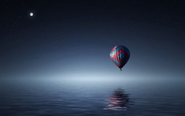 1920x1307 pix. Wallpaper hot air balloon, balloon, starry sky, sea, 3d hraphics
