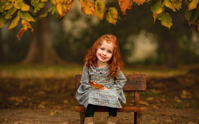 2048x1688 pix. Wallpaper baby, girl, redhead, smile, nature, autumn, leaves, bench