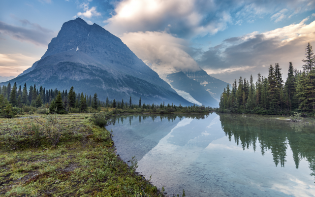6016x4016 pix. Wallpaper lake, mountains, sky, clouds, forest, trees, reflection, nature, landscape