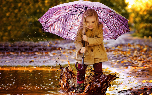 2048x1462 pix. Wallpaper child, girl, joy, nature, autumn, puddle, mud, umbrella, spray