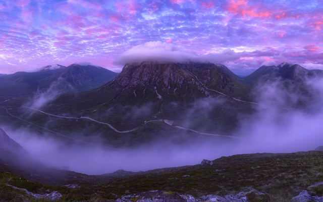 1920x1080 pix. Wallpaper mountains, clouds, peak, scotland, purple sky, nature