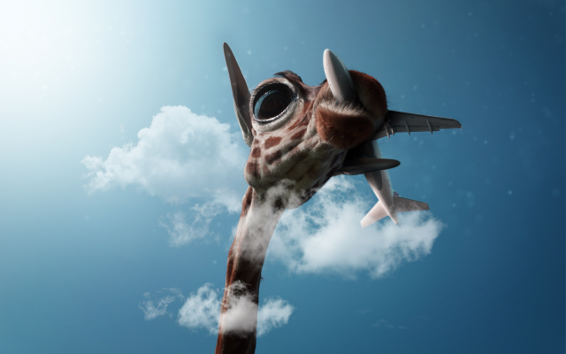 6000x4000 pix. Wallpaper 3d graphics, digital art, animals, giraffe, sky, airplane, clouds