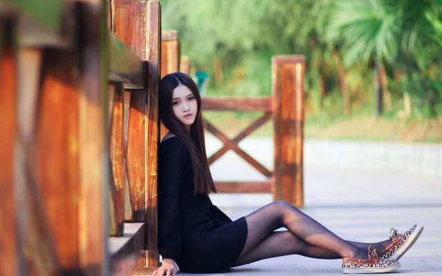 1920x1200 pix. Wallpaper Asian, pale, dark hair, black dresses, dress, dark eyes, tights, women outdoors