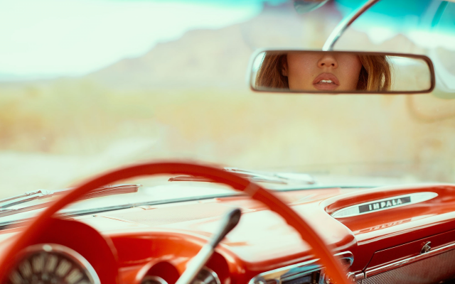 2000x1333 pix. Wallpaper retro car, cars, mirror, girl, women, chevrolet impala, chevrolet