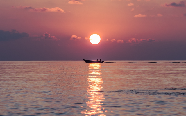 1920x1080 pix. Wallpaper sea, boat, sunset, horizon, thoddoo, maldives, nature