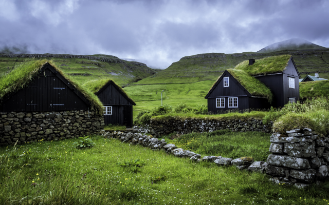 7680x4320 pix. Wallpaper faroe islands, small houses, green grass, clouds, overcast, grass