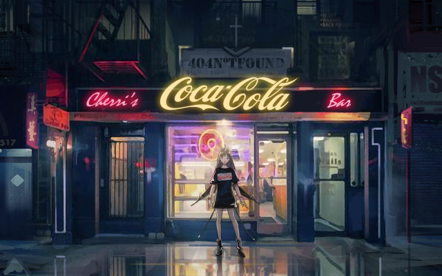 1920x1098 pix. Wallpaper girl, street, cafe, sign, coca cola, art, anime
