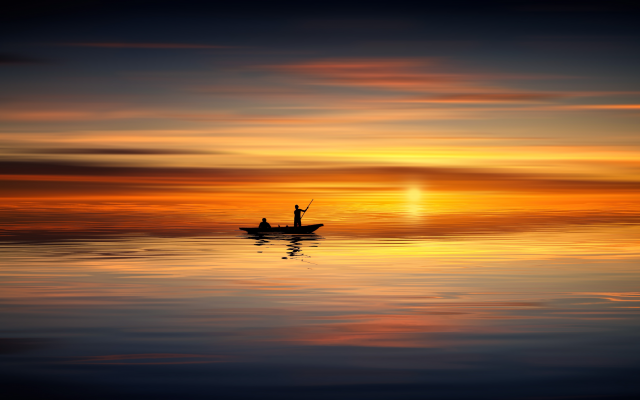 5416x3046 pix. Wallpaper boat, silhouette, sea, sunset, retouching