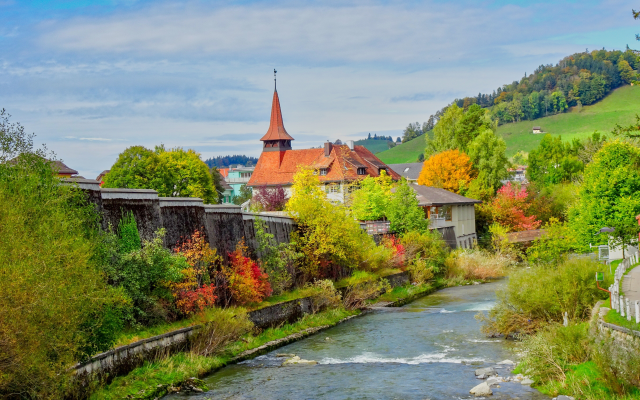 4896x2752 pix. Wallpaper autumn, landscape, switzerland, river, nature, city