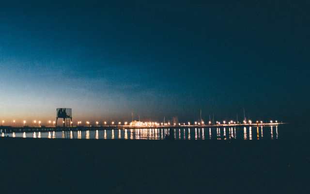 2560x1600 pix. Wallpaper bridge, sea, sea, Poland, blue, evening, landscape, lights