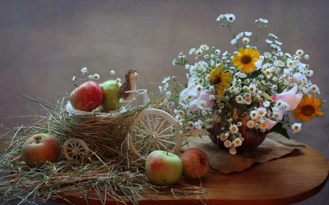 2742x1779 pix. Wallpaper still life, table, napkin, burlap, vase, flowers, hay, fruits, apple, hedgehog