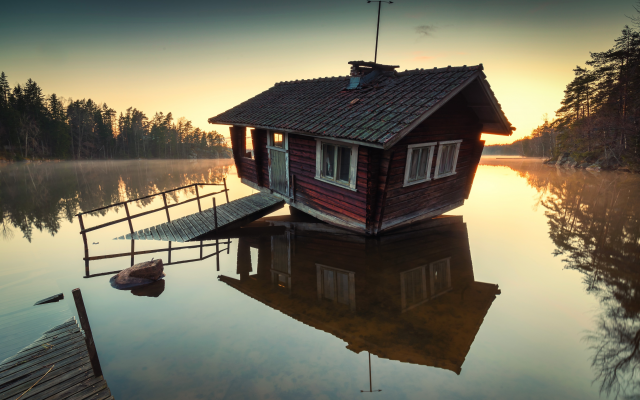 5458x3639 pix. Wallpaper kirkkonummi, sauna, tampaja lake, finland, lake, wooden house, trees, morning, sunrise, forest