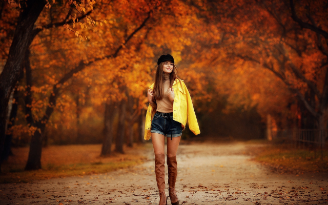 1920x1280 pix. Wallpaper women, girl, posing, park, autumn, shorts, nature, boots