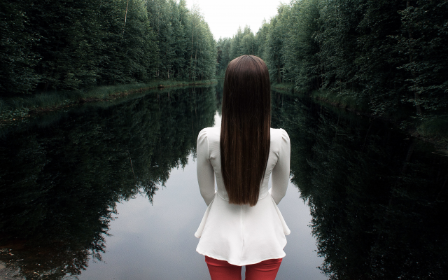 5543x3432 pix. Wallpaper women, nature, forest, lake, brunette, long hair