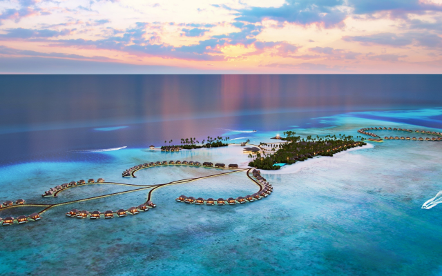 2880x1800 pix. Wallpaper ocean, evening, sunset, maldives, tropical island, luxury hotel, bungalow, sea, nature