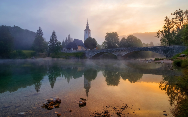 3840x2160 pix. Wallpaper nature, landscape, river, bridge, fog, church, sunset