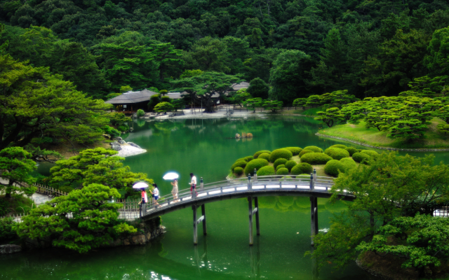 4939x2885 pix. Wallpaper japan, nature, park, garden, pond, trees, bush, bridge