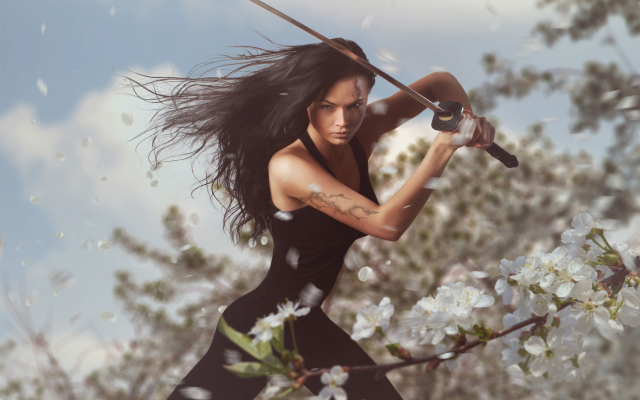 2700x1800 pix. Wallpaper warrior, katana, fantasy, sword, women, girl, art