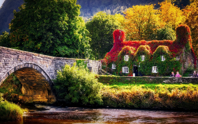 2560x1440 pix. Wallpaper tea house, wales, nature, landscape, bridgw, river, house