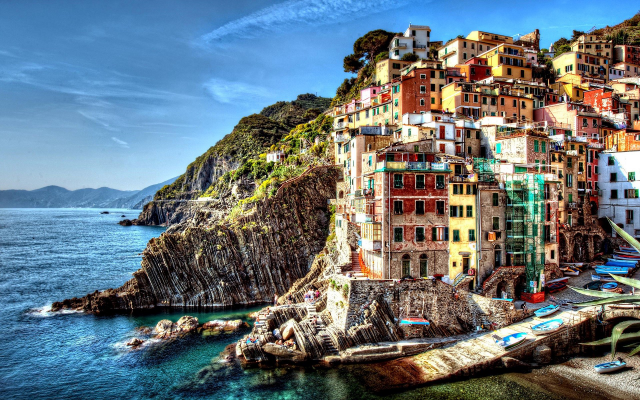 1920x1200 pix. Wallpaper Cinque Terre, Italy, sea, city, dock, boat, building, colorful, hill, cityscape, cliff