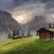 Switzerland, Grindelwald, nature, landscape, mountain, huts, clouds, trees, grass, sunrise wallpaper