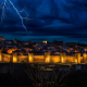 landscape, lightning, clouds, nature, Spain, lights, city, evening, sky, gold, blue wallpaper