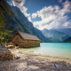 landscape, nature, boathouses, lake, summer, mountain, Alps, clouds, trees, beach wallpaper