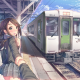 artwork, anime girls, anime, train, train station, scarf, original characters wallpaper