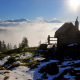 Austria, cabin, snowy peak, clouds, mountains, nature wallpaper