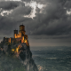 San Marino, castle, landscape, clouds, valley, sky, mountains wallpaper
