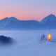 slovania, church, sky, winter, mountains, clouds, fog, nature wallpaper