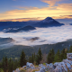mountains, snowy peak, forest, clouds, sunset, austria, nature wallpaper