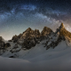 Milky Way, snow, mountains, snowy peak, starry night, spotlight, nature, space wallpaper