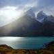Chile, Torres del Paine, nature, mountains, lake, mist, turquoise water, snowy peaks wallpaper