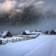 cabin, fence, cold, winter, path, mountains, snow, forest, mist, clouds, nature, landscape wallpaper