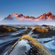vestrahorn, iceland, mountains, morning, fog, lava sand, snow, nature, landscape wallpaper
