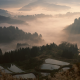 nature, landscape, mist, sunrise, valley, forest, mountain, terraces, water, trees, Japan wallpaper