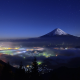 nature, landscape, starry night, mountain, cityscape, mist, snowy peak, lights, trees, Mount Fuji, J wallpaper