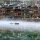 phoenix ancient town, river, mist, fog, water, bird, reflection, nature, city, fenghuang, xiangxi, hunan, china wallpaper
