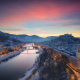 salzburg, austria, city, river, winter, snow, sunset wallpaper